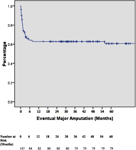 Fig. 1 Overall Limb Salvage. Kaplan–Meier survival curve indicating limb loss for all patients included. Major amputation rates at 6-months, 12-months, 24-months, 36-months, 48-months, and 60-months were 35.4%, 36.7%, 36.7%, 37.4%, 37.4%, and 37.4% respectively.