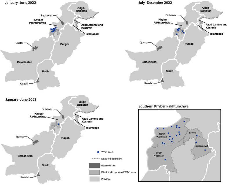 The figure comprises three maps of Pakistan showing the location of cases of wild poliovirus type 1, by province and period, during January 2022–June 2023.