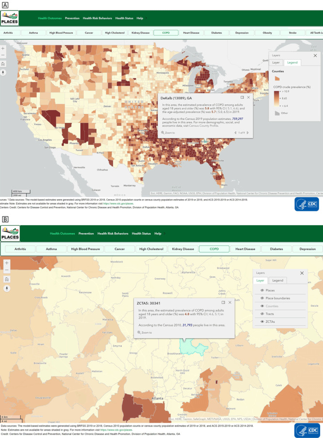 A. Screenshot image of a PLACES interactive map.  Available health measures are shown at the top of the map with the health outcomes category and chronic obstructive pulmonary disease (COPD) measure selected. The map shows COPD levels at the county level. The legend shows the county as the geographic layer selected and a color key corresponding to prevalence estimates of COPD, from low to high, along with the county average. A pop-up box shows demographic information for a selected county.  B. Screenshot image showing features of the PLACES interactive mapping application.  The image shows the available health measures at the top of the map with health outcomes with COPD selected. The map shows COPD levels zoomed to the ZIP code tabulation area (ZTCA) level for the Atlanta, Georgia, area. The legend shows the ZCTA as the geographic layer selected. A pop-up box shows demographic information for a selected ZCTA.