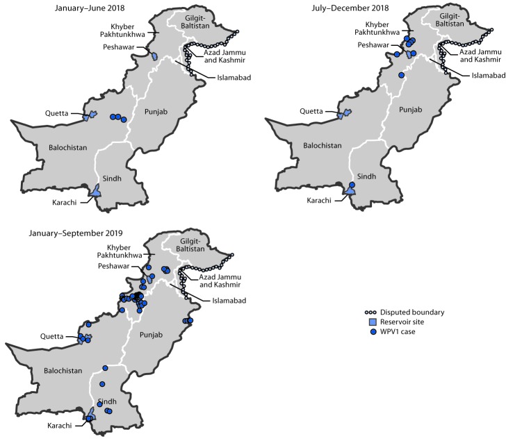 The figure is a series of three maps showing the location of reported cases of wild poliovirus type 1, by province and period, in Pakistan during January 2018–June 2018, July 2018–December 2018, and January–September 2019.