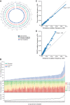 Figure 2. Mutational landscape of lung cancer cohort. A, Circos plot of the global landscape of mutations in patients with lung cancer. Chromosomes are shown on the outermost circle. The following circle is a bar graph of gene density obtained by binning the genome in 1 Mbp windows (dark blue). The next circles from the periphery to the center are the bar graphs representing the number of enhancers (dark cyan), promoters (salmon pink), and exons (powder blue) mutated (log-scale). The scale of each bar graph is represented at the start of chromosome1. Mutations in the noncanonical chromosome (chromosome Y) were removed from the analysis. B, Sample-wise mutation distribution. The bottom shows the line plot representing the mean somatic mutation per Mb in the lung cancer sample. The middle shows the relative proportions in the percentage of the six possible base-pair substitutions, as indicated in the legend on the right. The top shows the stacked bar plot depicting the number of mutated genomic elements. Each bar represents the total number of enhancer mutations (dark cyan), promoter mutations (salmon pink), and exon mutations (powder blue) for a patient. Samples are sorted on the basis of the total number of mutations in exons (x-axis). C, Mutation burden comparisons. Scatter plots showing the mutation burden per Mb in enhancers (x-axis) and exons (y-axis). D, Scatter plots showing the mutation burden per Mb in enhancers (x-axis) and the rest of the noncoding region (RNCR; y-axis). Each blue dot in scatter plots represents a sample, the gray line represents the bisectors, the blue line represents the line of regression, and the slope of the regression is mentioned in the plot.