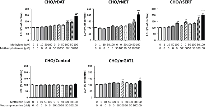 Fig. (3). Effect of methylone and methamphetamine on viability of CHO cells stably expressing monoamine and GABA transporters. 