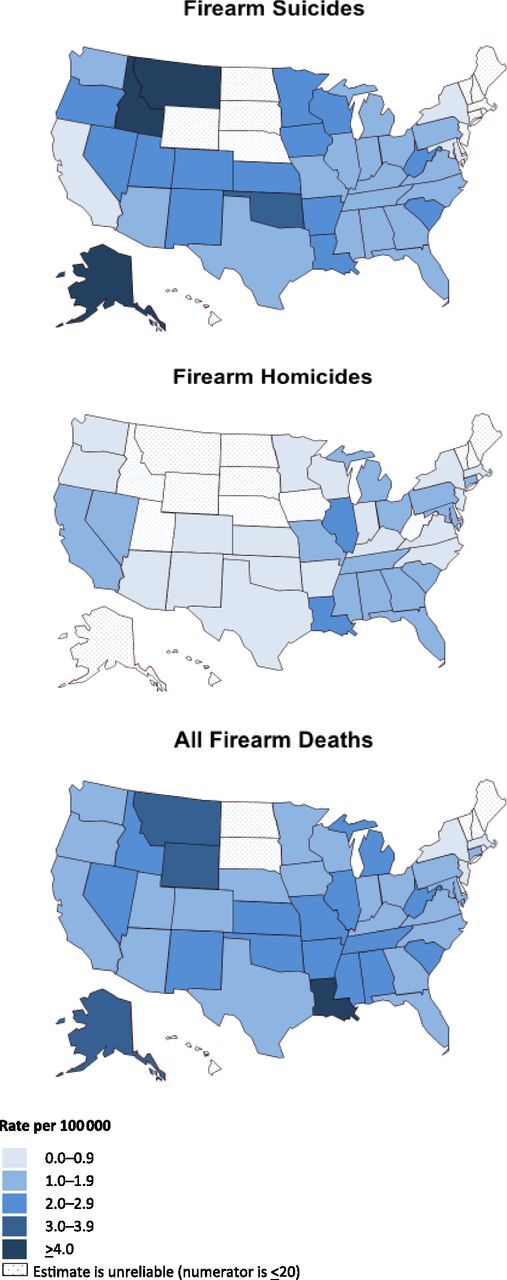 FIGURE 1. Firearm death rates among children aged 0 to 17 years, 2010–2014. Firearm deaths are based on the International Classification of Diseases, 10th Revision external cause of injury codes. All firearm deaths include firearm suicide (X72-X74), firearm homicide (X93-X95, U01.4), legal intervention firearm deaths (Y35.0), unintentional firearm deaths (W32-W34), and firearm deaths of undetermined intent (Y22-Y24). Rates of firearm suicide are for children aged 10 to 17 years.