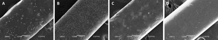 Figure 3. Photomicrographs of as-received coated wires: (A) group I, (B) group II, (C) group III, and (D) group IV. Original magnification 200×.