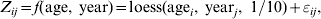 Z_{ij} \equals f\lpar {\rm age}\comma \;{\rm year}\rpar \equals {\rm loess}\lpar {\rm age}_{i} \comma \;{\rm year}_{j} \comma \;1\sol 10\rpar \plus {\rm \varepsilon }_{ij} \comma