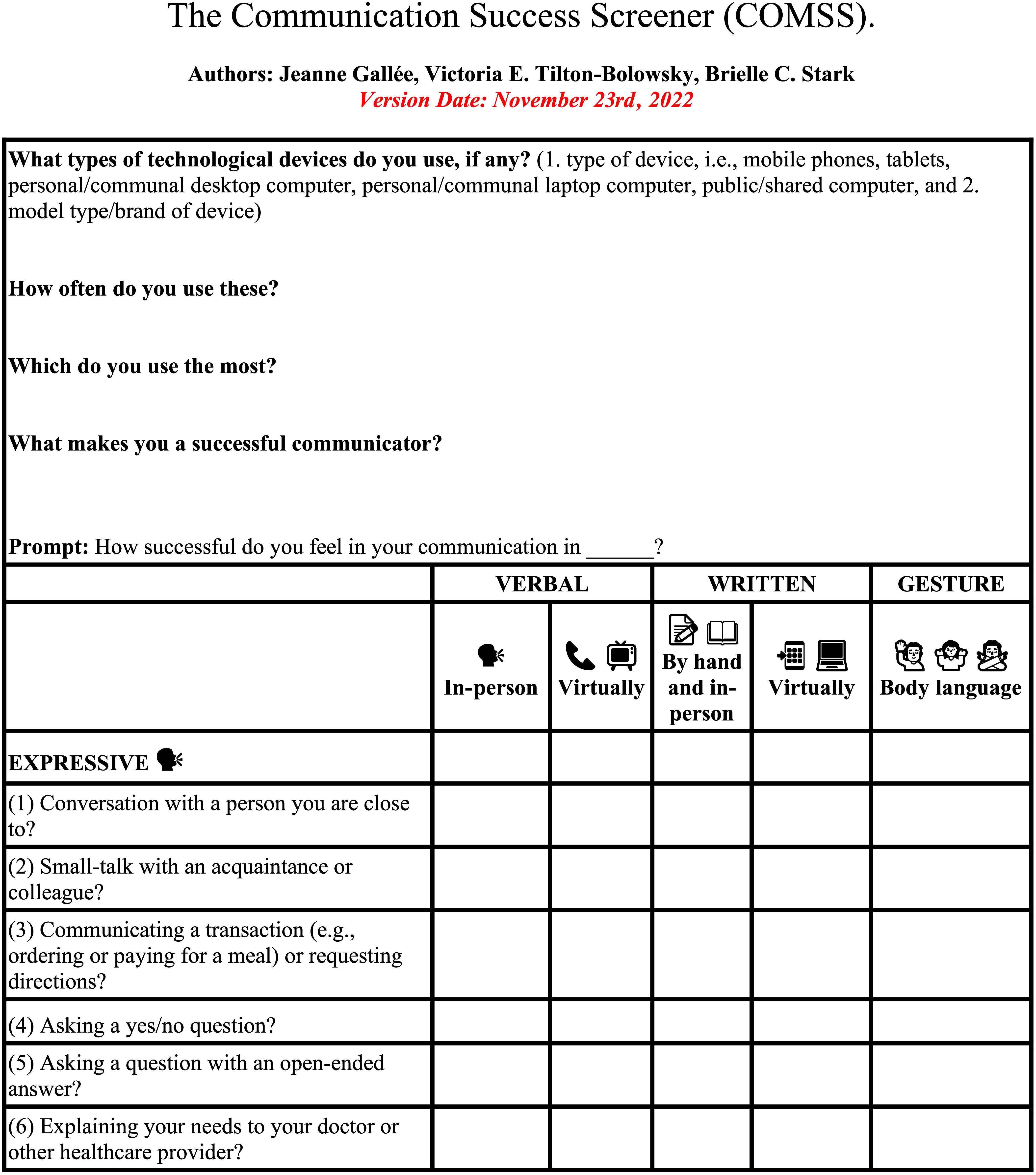 The image depicts the first page of the communication success screener survey form.