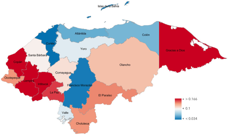 Map of Honduras showing department-level poverty data