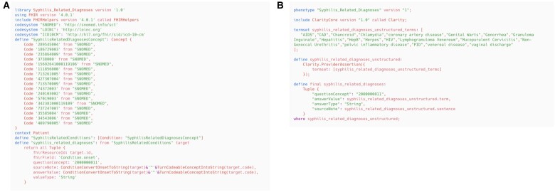 Figure 2a is text in the Clinical Quality Language (CQL) format to indicate an example of CQL. Figure 2b is text in the Natural Language Processing Query Language (NLPQL) format to indicate an example of NLPQL.