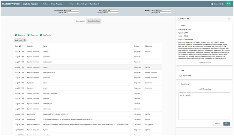 Figure 5 shows a screenshot of the Registry Viewer application with the right side panel open, displaying more information about the data point, as well as a field for user annotations.