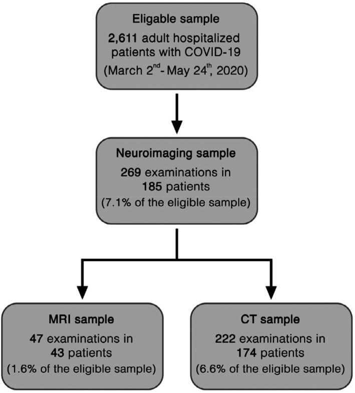 Flow chart of the study. Inclusion criteria were: Positive polymerase-chain-reaction test result for severe acute respiratory syndrome coronavirus 2; age of ≥18 years; neuroimaging performed during the study period. No exclusion criteria were applied to ensure a complete consecutive study sample.