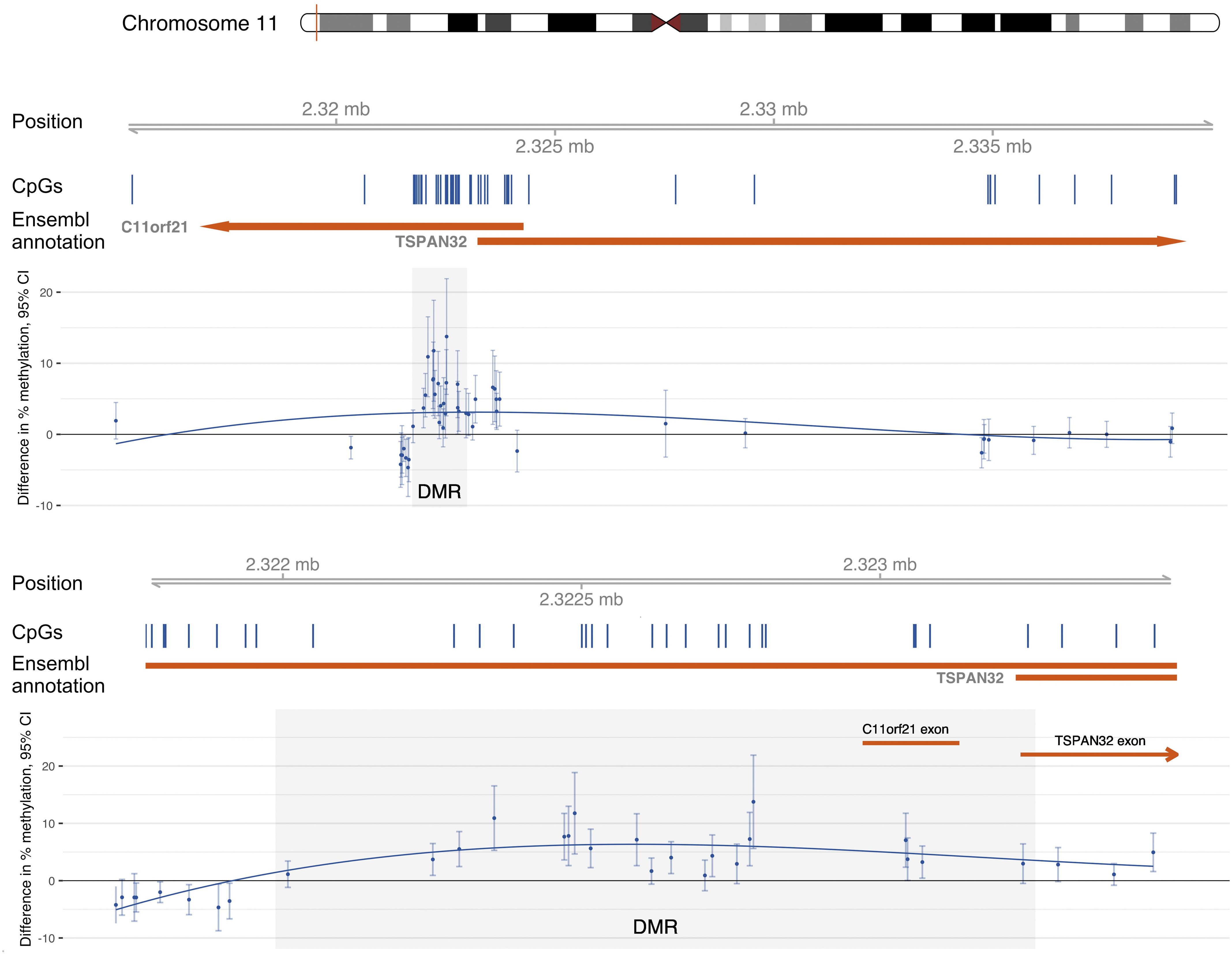 Figure 3 includes two graphs. First graph plots difference in percent methylation, 95 percent CI, ranging from negative 10 to 20 in increments of 10 (y-axis) across DMR (x-axis). There is a scale titled position, ranging from 2.32 megabase to 2.335 megabase in increments of 0.005. Ensembl annotations, namely, C11orf21 and TSPAN32 are represented by two arrows pointing toward left and right, respectively. Second graph plots difference in percent methylation, 95 percent CI, ranging from negative 10 to 20 in increments of 10 (y-axis) across DMR (x-axis). There is a scale titled position, ranging from 2.322 megabase to 2.323 megabase in increments of 0.0005. Ensembl annotations, namely, TSPAN32, C11orf21 exon, and TSPAN32 exon are marked in the map and represented by arrows. A scale titled Chromosome 11 is present at the top of the two graphs.