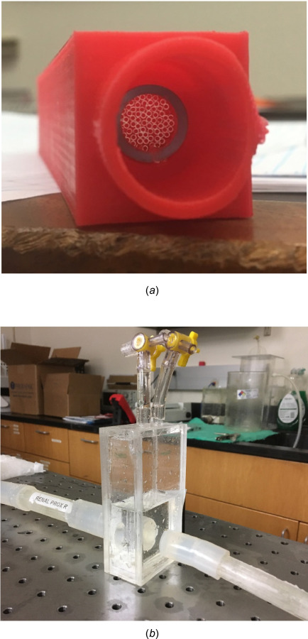 (a) A representative resistance module built as part of the Windkessel model. A set of capillary tubes inside a nylon tube housed in a custom 3D printed casing provides a constant resistance. (b) A capacitance module used in the flow loop; the volume of air trapped in the module determines its capacitance. The two ports on the top are used for pressure and volume control.