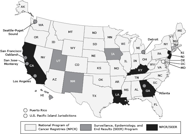 Map of US states, territories, and metropolitan areas participating in the National Program of Cancer Registries (NPCR) and the Surveillance, Epidemiology, and End Results (SEER) programs as of 2000. The following states participate in the NPCR: Alabama, Alaska, Arizona, Arkansas, Colorado, Delaware, Florida, Idaho, Illinois, Indiana, Kansas, Maine, Maryland, Massachusetts, Michigan, Minnesota, Mississippi, Missouri, Montana, Nebraska, Nevada, New Hampshire, New York, North Carolina, North Dakota, Ohio, Oklahoma, Oregon, Pennsylvania, Rhode Island, South Carolina, South Dakota, Tennessee, Texas, Vermont, Virginia, Washington, West Virginia, Wisconsin, and Wyoming. Puerto Rico, Washington, DC, and the US Pacific Island jurisdictions also participate in the NPCR. The following states participate in the SEER Program: Connecticut, Hawaii, Iowa, New Mexico, and Utah. The following metropolitan areas participate in the SEER Program: Atlanta, Detroit, Los Angeles, San Francisco–Oakland, San José–Monterey, and Seattle–Puget Sound. The following states participate in both programs: California, Georgia, Kentucky, Louisiana, and New Jersey.