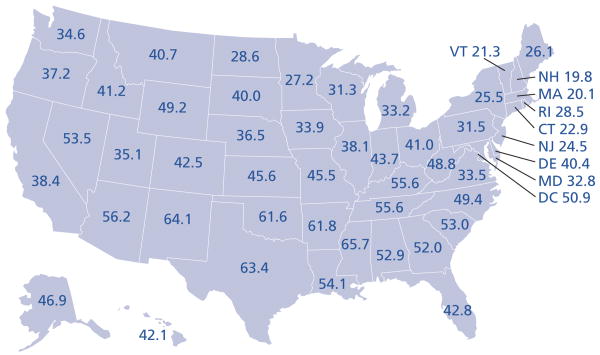 Teen birth rates (per 1,000 ages 15-19) by state, 2008