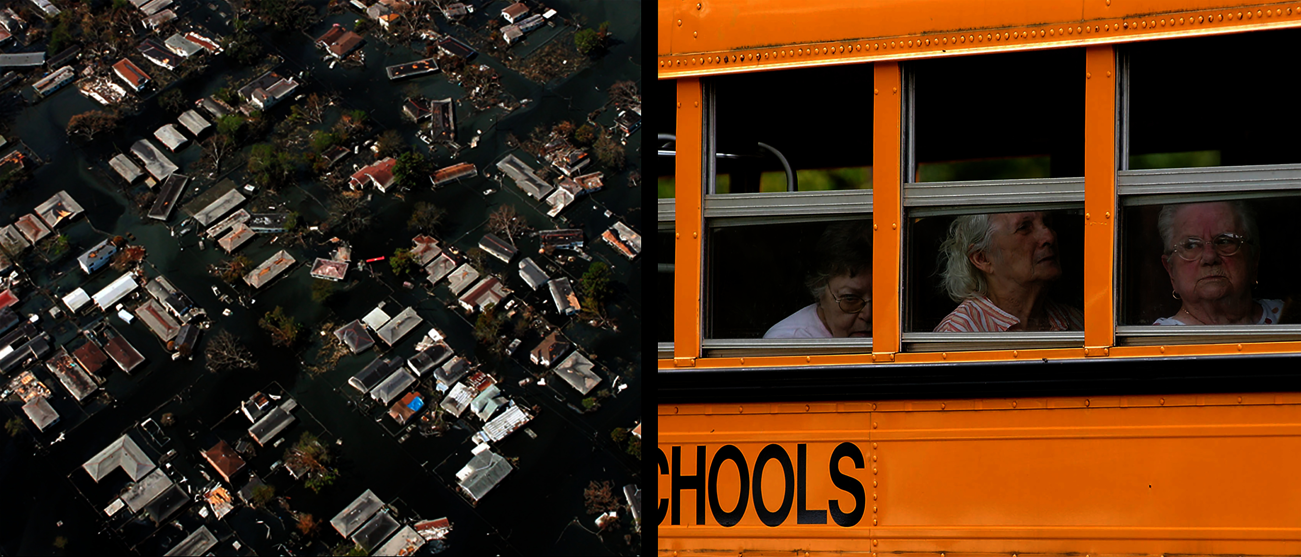 Several blocks of a flooded neighborhood, and three older women looking out three windows of a school bus.