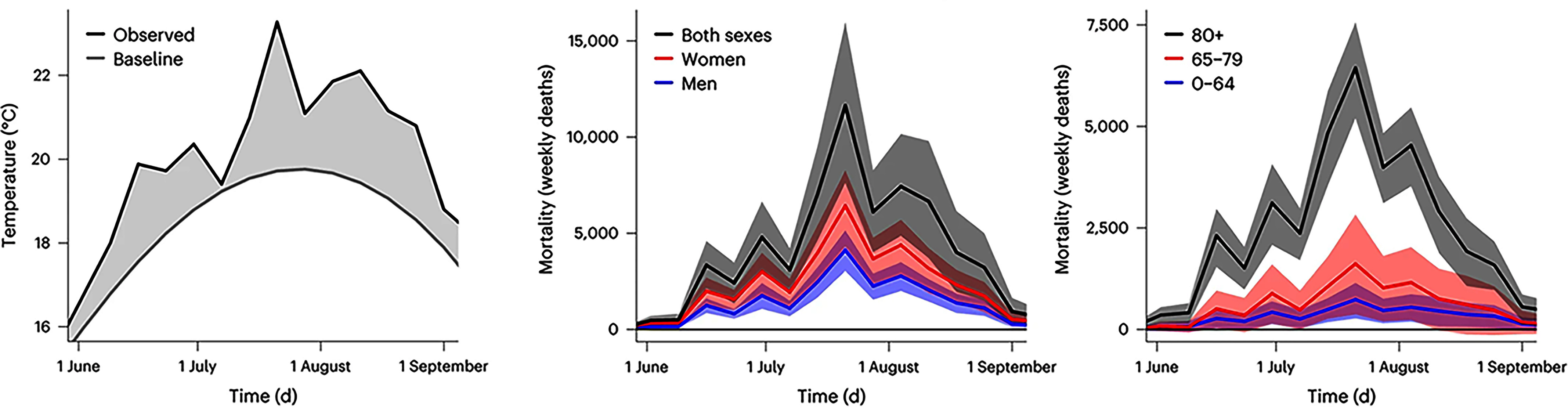 Graph of temperatures June to August, and for the same period, graphs of mortality rates by sex and by age group.
