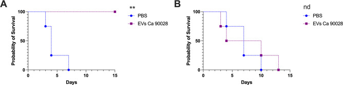 Line graphs show probability of survival over 15 days for PBS and EVs Ca 90028 treatments. Significant difference indicated by asterisks in one graph, and no significant difference (nd) in the other.