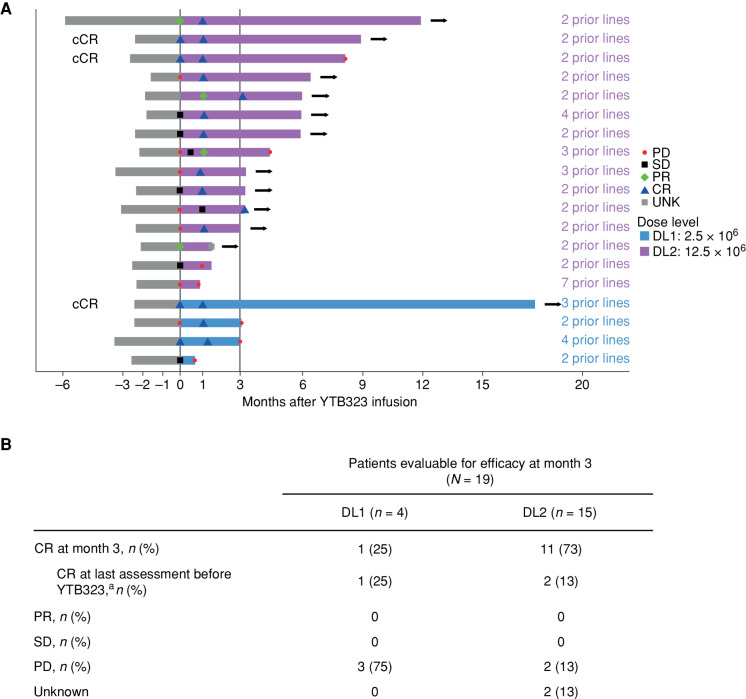 Figure 3. Efficacy of YTB323 in patients with r/r DLBCL. A, Swimmer plot of YTB323 efficacy in patients with r/r DLBCL. Nineteen patients with r/r DLBCL were infused with YTB323 and evaluable for efficacy. Three patients at DL1 and 12 at DL2 responded to YTB323. Five patients at DL2 had high lactate dehydrogenase (LDH) at baseline (rows 4, 6, 8, 13, and 15 from the top), 7 patients at DL2 had high LDH at screening (rows 2, 4, 6–8, 14, and 15 from the top), and 4 patients had elevated LDH at both baseline and screening (rows 4, 6, 8, and 15 from the top). At DL1, 2 patients had high LDH at baseline (rows 18 and 19 from the top), 2 patients had high LDH at screening (rows 17 and 19 from the top), and 1 patient had elevated LDH at both baseline and screening (row 19 from the top). Arrow denotes ongoing efficacy assessments. Gray bars represent screening prior to infusion; purple bars represent screening after infusion. The symbols at time 0 represent each patient's disease status at the time of YTB323 infusion. B, Complete response rate following YTB323 treatment. aPatients who were in CR prior to receiving YTB323 due to either a late effect of prior therapies or bridging chemotherapy. cCR, continuous CR indicates patients in CR before infusion of YTB323; DL, dose level; PD, progressive disease; SD, stable disease; UNK, unknown. Panel A reprinted from Blood, 138 (suppl 1), Flinn I, et al. A first-in-human study of YTB323, a novel, autologous CD19-directed CAR-T cell therapy manufactured using the novel T-charge TM platform, for the treatment of patients (pts) with relapsed/refractory (r/r) diffuse large B-cell lymphoma (DLBCL), 2021; Oral 740. Copyright © 2021 American Society of Hematology. Published by Elsevier Inc. All rights reserved (20).
