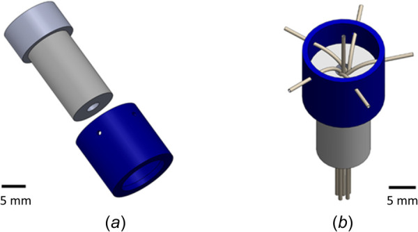 (a) Drawing of the two components of the fixture for manufacturing the cannula of the arborizing catheter. (b) View of assembled fixture holding and bending the PEEK tubing in place for bonding.