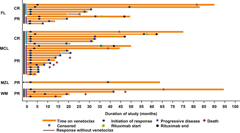 Figure 1. Swimmer plot describing overall response and DoR in patients. CR, complete remission; PR, partial remission; FL, follicular lymphoma; MCL, mantle cell lymphoma; MZL, marginal zone lymphoma; WM, Waldenström macroglobulinemia. Patients were censored at their last disease assessment if they did not have confirmed disease progression. Rituximab was administered to patients at doses of 375 mg/m2.