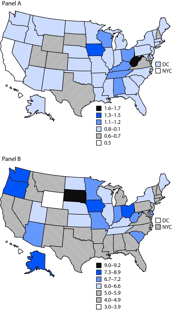 The figure shows two maps of the United States, one depicting the prevalence of preexisting diabetes and the other depicting the prevalence of gestational diabetes among women who had a live birth, by state in 2016.