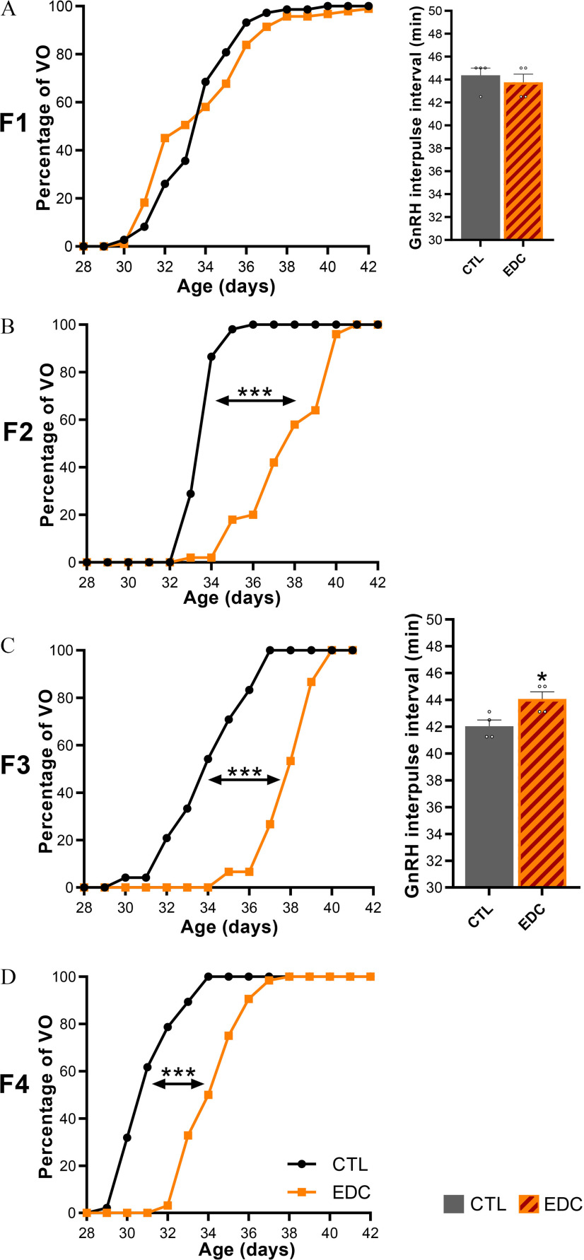 Figures 2a and 2c each are a set of one line graph and one bar graph. The line graph plots uppercase f 1 and uppercase f 3, percentage of vaginal opening, ranging from 0 to 100 in increments of 20 (y-axis) across age (days), ranging from 28 to 42 in increments of 2 (x-axis) for control and endocrine disrupting chemicals. The bar graph plots gonadotrophin releasing hormone interpulse interval (minute), ranging from 30 to 50 in increments of 2 (y-axis) across control and endocrine disrupting chemicals (x-axis), respectively. Figures 2b and 2d are line graphs, plotting uppercase f 2 and uppercase f 4, percentage of vaginal opening, ranging from 0 to 100 in increments of 20 (y-axis) across age (days), ranging from 28 to 42 in increments of 2 (x-axis) for control and endocrine disrupting chemicals, respectively.