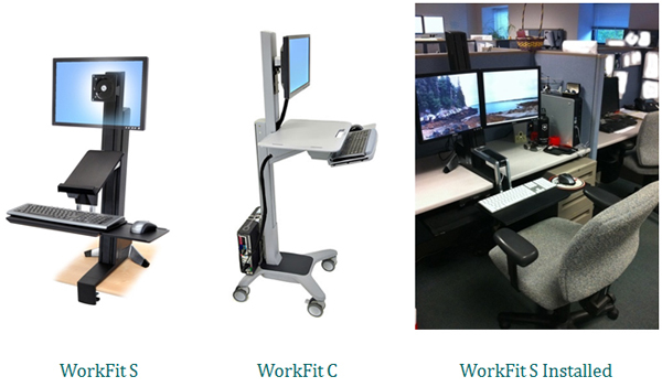 Photo of workstations The WorkFit S is a sit-stand device that is clamped onto a person's desk and upon which 1 or 2 computer screens are mounted. To work standing up, workers lift the device to the height at which they can see the screens in front of them. Keyboard and note trays are also attached to the device and move up at the same time. To work in a seated position, workers push down the device and can then work in a seated position. WorkFit C is similar to WorkFit S except that the entire sit-stand device also holds the computer and is on casters so that it can be moved around instead of being fixed to a desk.