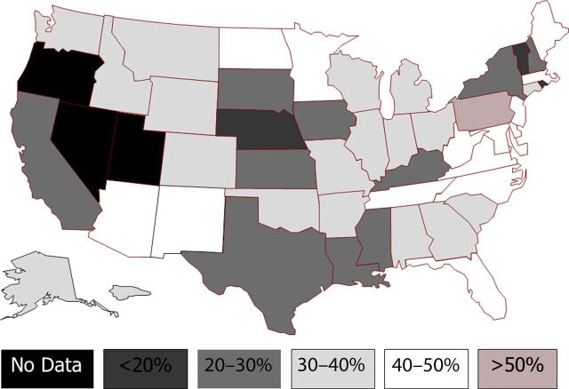 FIGURE 4. PDRs by state. States in black (Oregon, Nevada, and Utah) did not have sufficient prenatal diagnosis data during study period to be included in the analysis.