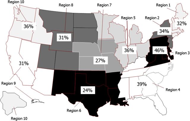 FIGURE 3. The 10 USDHHS regions, with PDRs. Oregon, Nevada, and Utah did not have sufficient prenatal diagnosis data during study period to be included in the analysis.