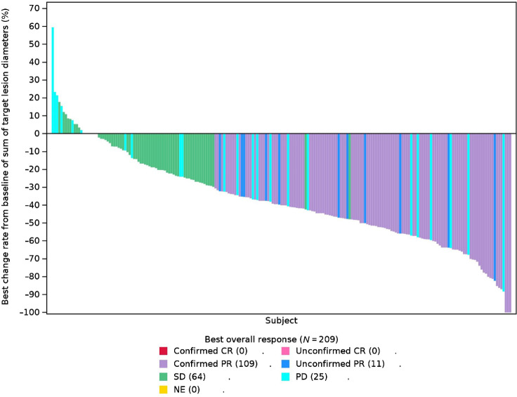 Figure 2. Best percentage change from baseline in target lesion size by investigator assessment in evaluable patients. Waterfall plots for best percentage change in target lesion size are shown for evaluable patients in phase II. The color key indicates the response to 300 mg twice a day of abivertinib. Abbreviation: NE, not evaluable