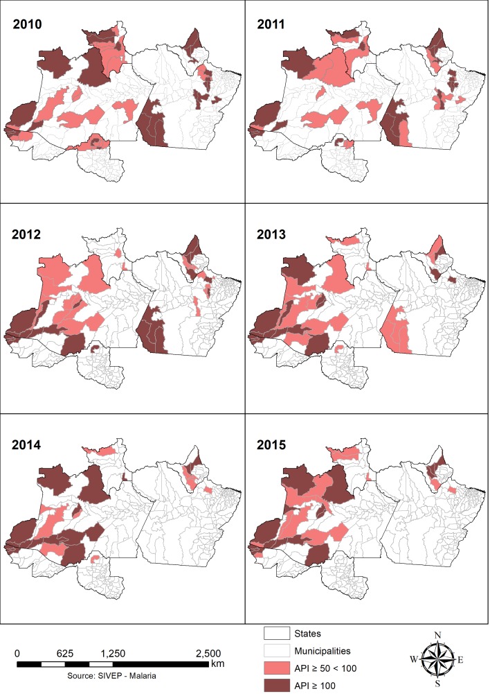 Map of the high transmission municipalities from 2010 to 2015