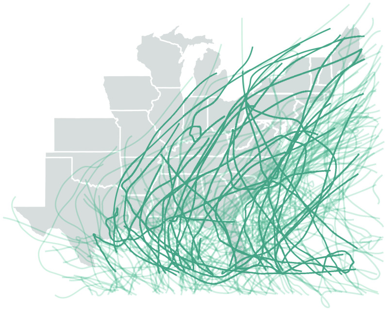 Figure 1 is a map of counties in the eastern half of the United States, including Florida, Georgia, South Carolina, North Carolina, Virginia, West Virginia, District of Columbia, Maryland, Delaware, New Jersey, Connecticut, Rhode Island, Massachusetts, Vermont, New Hemisphere, Maine, New York, Pennsylvania, Ohio, Virginia, Tennessee, Alabama, Mississippi, Louisiana, Arkansas, Missouri, Illinois, Indiana, Michigan, Wisconsin, Iowa, Kansas, Oklahoma, Texas, South Dakota, and Nebraska depicts the study area and storms. There are thin lines depicting paths of the study area and storms, which included all tracked storms from 1988 to 2018 that are recorded in the Northeast and North Central Pacific hurricane database and that came within 250 kilometers; and the thick lines depict the tracks of storms whose names have been retired, indicating that the storm was particularly severe or had notable impacts.