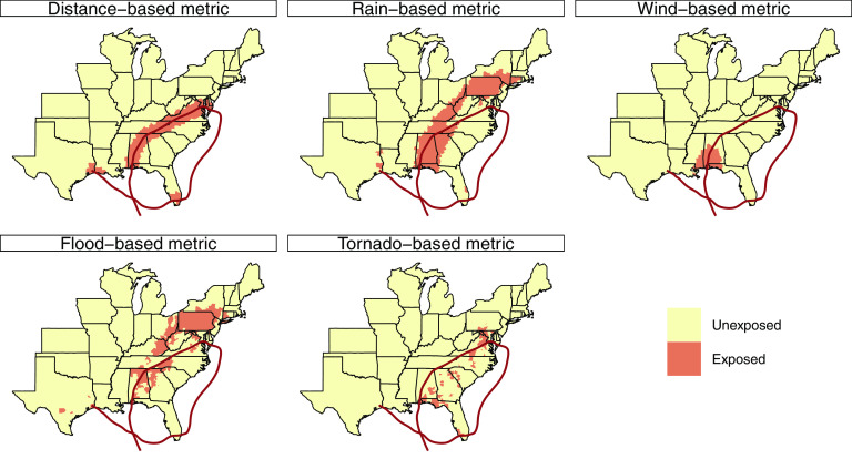 Figure 6 is a set of five maps, depicting counties in the eastern half of the United States which are exposed to Hurricane Ivan in 2004, including Florida, Georgia, South Carolina, North Carolina, Virginia, West Virginia, District of Columbia, Maryland, Delaware, New Jersey, Connecticut, Rhode Island, Massachusetts, Vermont, New Hemisphere, Maine, New York, Pennsylvania, Ohio, Virginia, Tennessee, Alabama, Mississippi, Louisiana, Arkansas, Missouri, Illinois, Indiana, Michigan, Wisconsin, Iowa, Kansas, Oklahoma, Texas, South Dakota, and Nebraska. The regions in the maps are divided into two parts, namely, unexposed and exposed. The line in the maps depicts the track of Hurricane Ivan based on HURDAT2. The first map represents distance-based metric, second map represents rain-based metric, third map represents wind-based metric, fourth map represents flood-based metric, and fifth map represents tornado-based metric.