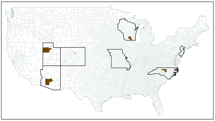 This figure is a map that shows the seven Early Autism and Developmental Disabilities Monitoring Network surveillance areas (counties in Wisconsin for 2010, 2012, and 2014; New Jersey for 2010, 2012, and 2014; Arizona for 2010, 2012, and 2014; Utah for 2010 and 2012; Colorado for 2014; Missouri for 2010, 2012, and 2014; and North Carolina for 2014).