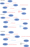 Figure 2A is a flowchart titled Age of Thelarche with two steps. Step 1: Asian (lowercase beta equals 1.28, lowercase p equals 0.01), Hispanic (lowercase beta equals 0.74, lowercase p less than 0.01), Black (lowercase beta equals 0.57, lowercase p less than 0.01), Perfluorooctanoic acid (logged) (lowercase beta equals 0.38, lowercase p less than 0.04) lead to body mass index percentage. Step 2: Perfluorooctanoic acid (logged) (hazard ratio equals 0.73, 95 percent confidence interval (0.62, 0.87), lowercase p less than 0.01), Body mass index percentage (hazard ratio equals 1.97, 95 percent confidence interval (1.63, 2.38), lowercase p less than 0.01), and Site (hazard ratio equals 0.49, 95 percent confidence interval (0.41, 0.59), lowercase p less than 0.01) lead to Age of Thelarche. Figure 2B is a flowchart titled Age of Pubarche with two steps. Step 1: Asian (lowercase beta equals 1.44, lowercase p equals 0.01), Hispanic (lowercase beta equals 0.74, lowercase p less than 0.01), Black (lowercase beta equals 0.73, lowercase p less than 0.01), Perfluorooctanoic acid (logged) (lowercase beta equals negative 0.50, lowercase p equals 0.01) lead to body mass index percentage. Step 2: Perfluorooctanoic acid (logged) (hazard ratio equals 0.70, 95 percent confidence interval (0.60, 0.81), lowercase p less than 0.01), Body mass index percentage (hazard ratio equals 1.65, 95 percent confidence interval (1.40, 1.94), lowercase p less than 0.01), and Site (hazard ratio equals 0.85, 95 percent confidence interval (0.72, 1.00), lowercase p equals 0.06) lead to Age of Pubarche. Figure 2C is a flowchart titled Age of Menarche with two steps. Step 1: Asian (lowercase beta equals 1.10, lowercase p equals 0.02), Hispanic (lowercase beta equals 0.91, lowercase p less than 0.01), Black (lowercase beta equals 0.95, lowercase p less than 0.01), Perfluorooctanoic acid (logged) (lowercase beta equals 0.33, lowercase p equals 0.08) lead to body mass index percentage. Step 2: Perfluorooctanoic acid (logged) (hazard ratio equals 0.73, 95 percent confidence interval (0.63, 0.87), lowercase p less than 0.01), Body mass index percentage (hazard ratio equals 2.14, 95 percent confidence interval (1.76, 2.60), lowercase p less than 0.01), and Site (hazard ratio equals 0.92, 95 percent confidence interval (0.77, 1.11), lowercase p equals 0.41) lead to Age of Menarche.