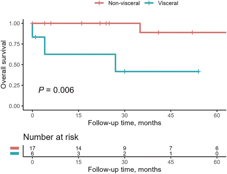 Fig. 1 Kaplan–Meier survival analysis of patients with visceral and non-visceral malperfusion. The 95% confidential intervals are not shown because of the standard error >10% at each time point.