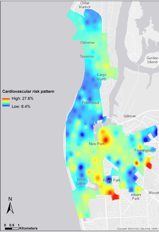 This map shows interpolated surface of the 10-year cardiovascular disease risk across the study area. The hotspots are seen in the most disadvantaged areas in the eastern and central parts of the LeFevre Peninsula. Figure generated by using ArcGIS software version 10.1.