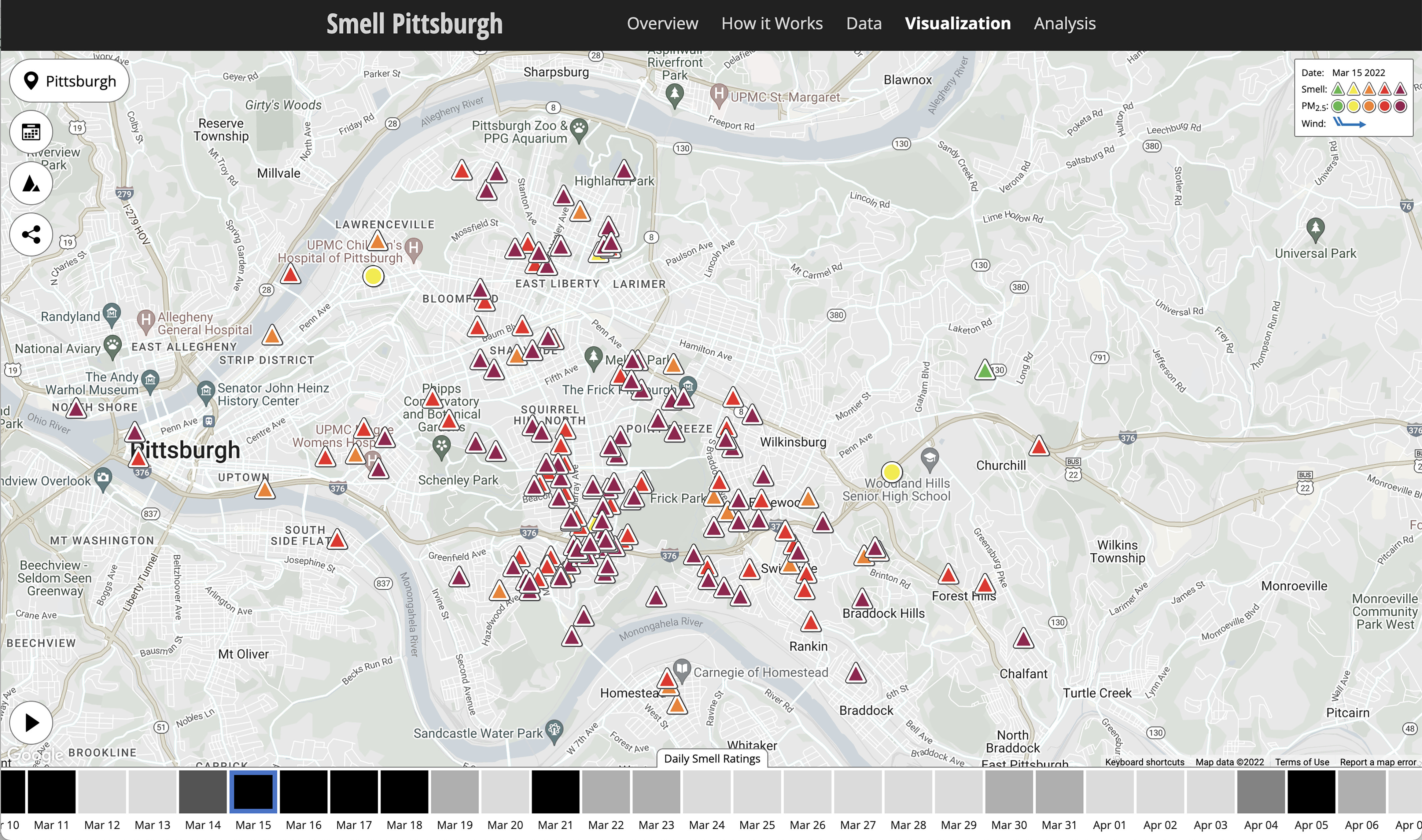 Screenshot of reports submitted to Smell Pittsburgh