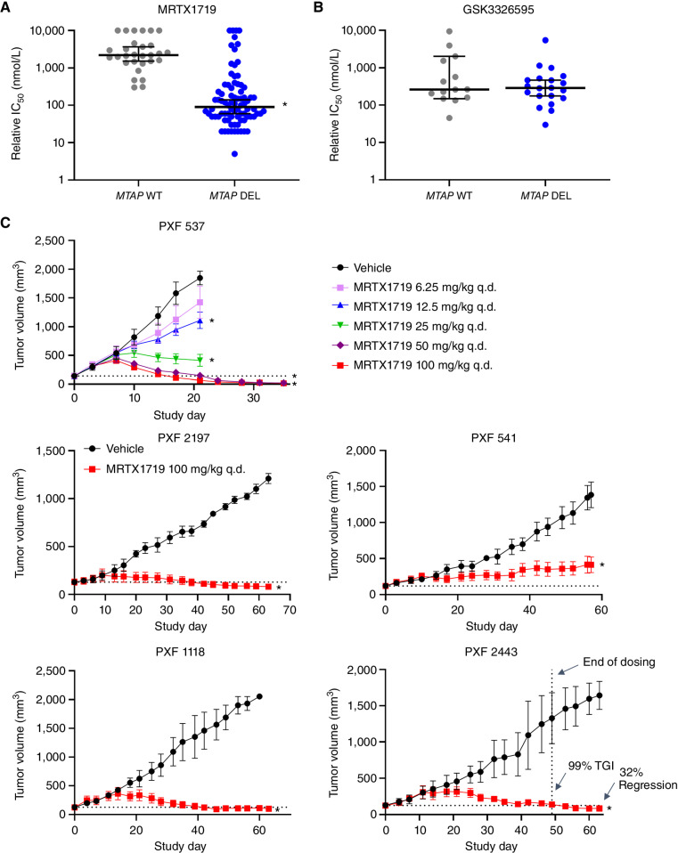 Figure 4. MRTX1719 selectively inhibits MTAP del cancer cell line growth in vitro and in vivo. A and B, MRTX1719 in vitro activity across a panel of MTAP WT and MTAP del cell line models (5-day viability assay, Crown Biosciences). Dot plots showing median with 95% confidence intervals of IC50 values for MRTX1719 (A) and GSK3326595 (GSK-595; B) in MTAP WT and MTAP del cell line models. A smaller cohort of models was tested with GSK-595. Median values: MRTX1719-MTAP del: IC50 = 90 nmol/L; MTAP WT: IC50 = 2.2 mmol/L; GSK-595-MTAP del: IC50 = 262 nmol/L; MTAP WT: IC50 = 286 nmol/L. Statistics were determined using a two-tailed Student t test with significance indicated (*, P < 0.05). C, MRTX1719 was administered orally at the doses indicated to five mesothelioma PDX models. n = 3–5 mice per treatment group. Data, average tumor volume ± SEM. Statistics were determined using a two-way ANOVA with significance indicated (*, P < 0.05). TGI, tumor growth inhibition.