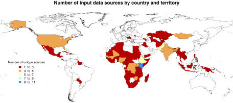 Figure 1 is a world map titled number of input data sources by country and territory, displaying five groups of unique sources, namely, 1 to 3, 3 to 5, 5 to 7, 7 to 9, and 9 to 11.