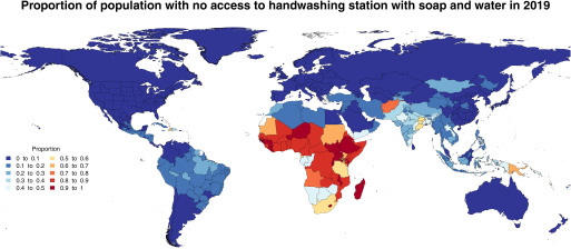 Figure 2 is a world map titled proportion of population with no access to handwashing station with soap and water in 2019, displaying 10 groups of proportions, namely, 0 to 0.1, 0.1 to 0.2, 0.2 to 0.3, 0.3 to 0.4, 0.4 to 0.5, 0.5 to 0.6, 0.6 to 0.7, 0.7 to 0.8, 0.8 to 0.9, and 0.9 to 1.