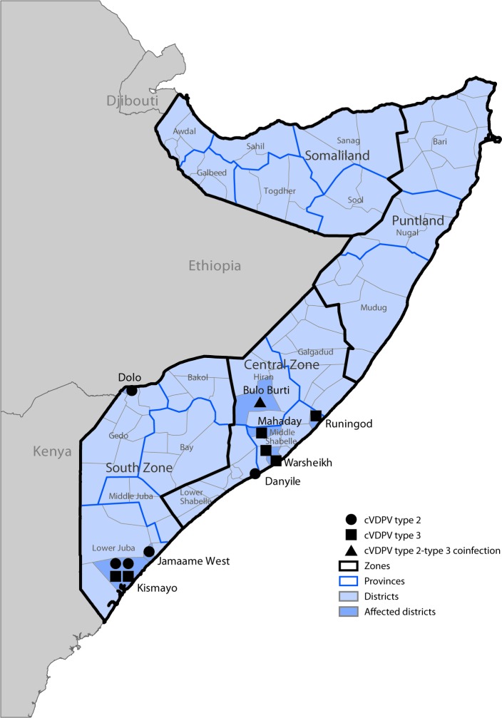 The figure is a map indicating geographic distribution of circulating vaccine-derived poliovirus type 2 and type 3 cases, as of February 26, 2019, by location in Somalia during 2018.