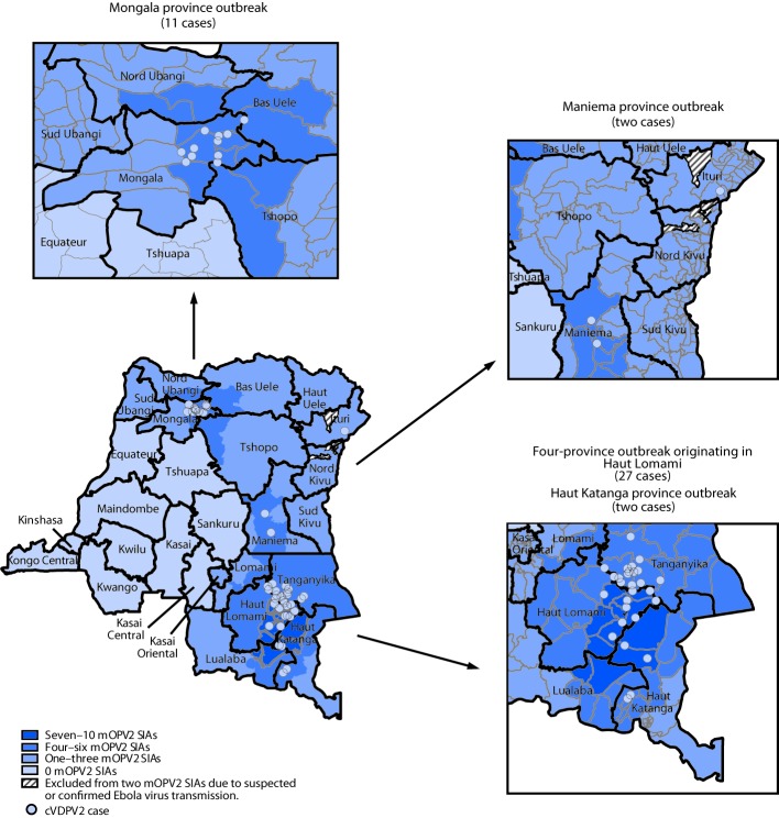 The figure is a map with insets indicating geographic distribution of circulating vaccine-derived poliovirus type 2 cases, by location and number of response supplementary immunization activities with monovalent oral poliovirus vaccine type 2, in the Democratic Republic of Congo during 2017–2018.