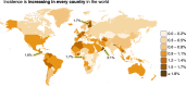 MASLD estimated annual percentage change worldwide. The four areas
with the highest rate of increase are Oman (2.1%), Finland (1.7%),
Equatorial Guinea (1.7%), and Nicaragua (1.6%). There are no areas in which
the prevalence is decreasing. (Adapted and reprinted under a CC BY-NC 4.0
license from reference 11. Map created with and adapted and reprinted under
a CC BY-SA 4.0 license from MapChart
[https://www.mapchart.net/].)