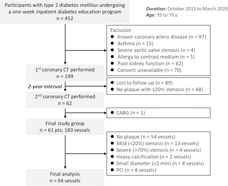 Participant flowchart. The study initially included 452 consecutive participants undergoing a 1-week inpatient diabetes education program. The first coronary CT angiography was performed in 199 participants, and the second coronary CT angiography 2 years later was performed in 62 participants. The final analysis included 61 participants and 94 vessels with 20%–70% stenosis. CABG = coronary artery bypass grafting, PCI = percutaneous coronary intervention, pts = participants.