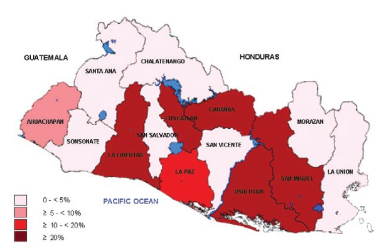 Dispersion index of Triatoma dimidiata by province, in 2011. Source:
Department of Parasitology, Central Laboratory of the Ministry of Health in El
Salvador.