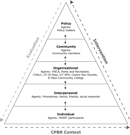 figure The phase 2 conceptual framework is represented as a triangle divided into 5 sections. The base of the triangle is labeled "CBPR Context"; the left side is "Evaluation"; the right side is "Intervention." The sections are labeled as follows from top to bottom: Policy (agents: policy makers); Community (agents: community members); Organizational (agents: YWCA, Parks and Recreation, CHALC, UT-El Paso, UT-SPH, Centro San Vicente, and El Paso Community College); Interpersonal (agents: promotores, family, friends, social networks), and Individual (agents: HEART participants).