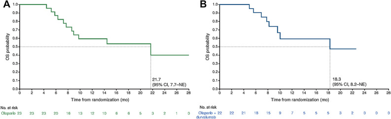 Figure 3. Overall survival (OS). A, Olaparib alone. B, Olaparib plus durvalumab. NE, not estimable.