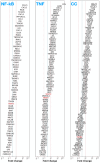 Three vertical gene expression fold change charts are displayed with the headings NF-kB, TNF, and CC. Each chart lists gene identifiers alongside a fold change scale ranging from two to the power of negative three to two to the power of five.