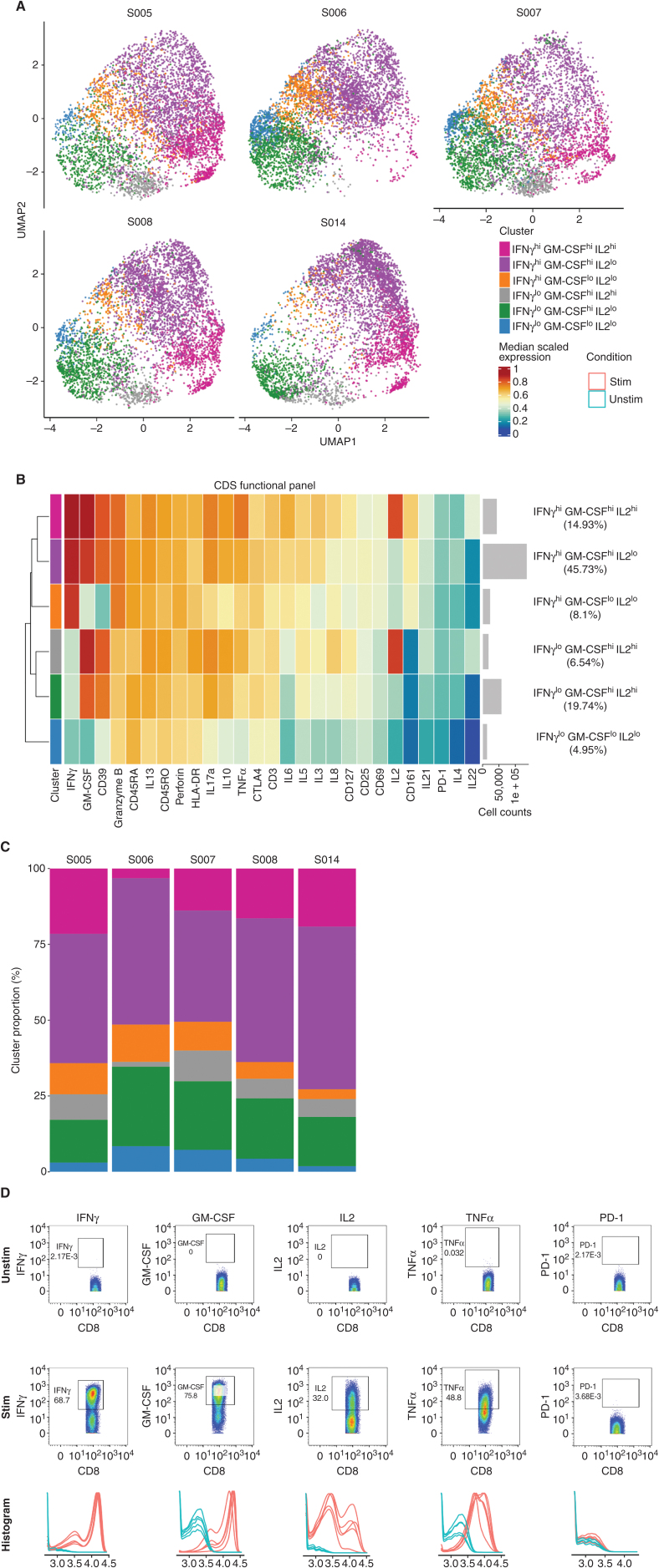 Figure 2. Functional analysis of stimulated CD8+ infusion products by CyTOF. A, UMAP representations of the cells. 5,000 cells from each product were used in the UMAP analysis. Cells in the UMAPs were colored by a cluster color designation. B, Heat map of cell clusters that constitute stimulated (by PMA/ionomycin) infusion products of all five DIPG patients. Cell intensity expressions were first normalized from 0 to 1 for each marker. The heat map was then colored using the median of the scaled intensity expressions (between 0 and 1) of each marker. Each row of the heat map was annotated by the cluster color designation, descriptive cluster name, histogram of cell count, and percentage of cell counts. C, Stacked bar graph of the cluster proportion within all five stimulated products. D, Representative 2-D flow plots and 1-D density plot of key markers of interest. The 2-D flow plots showcase representative results from S005, whereas the 1-D density plots show results from all five stimulated and unstimulated pairs, colored respectively.